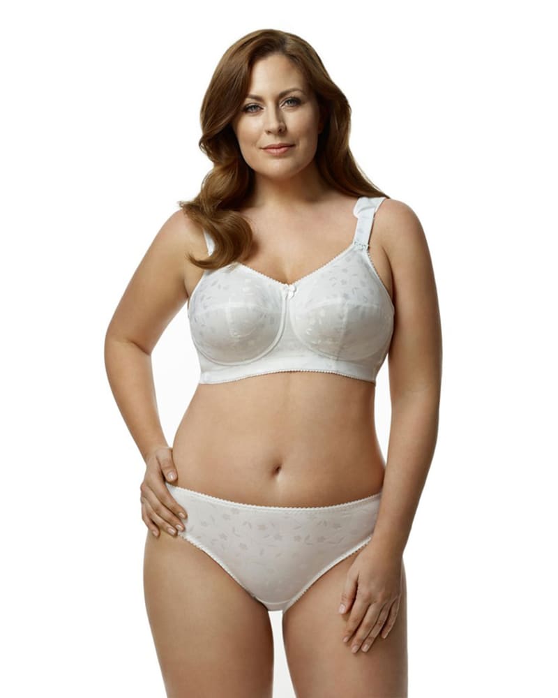 Front of a model wearing a size 42G Elila Women's Super Curves Full Coverage Softcup Bra in White by Elila. | dia_product_style_image_id:322235